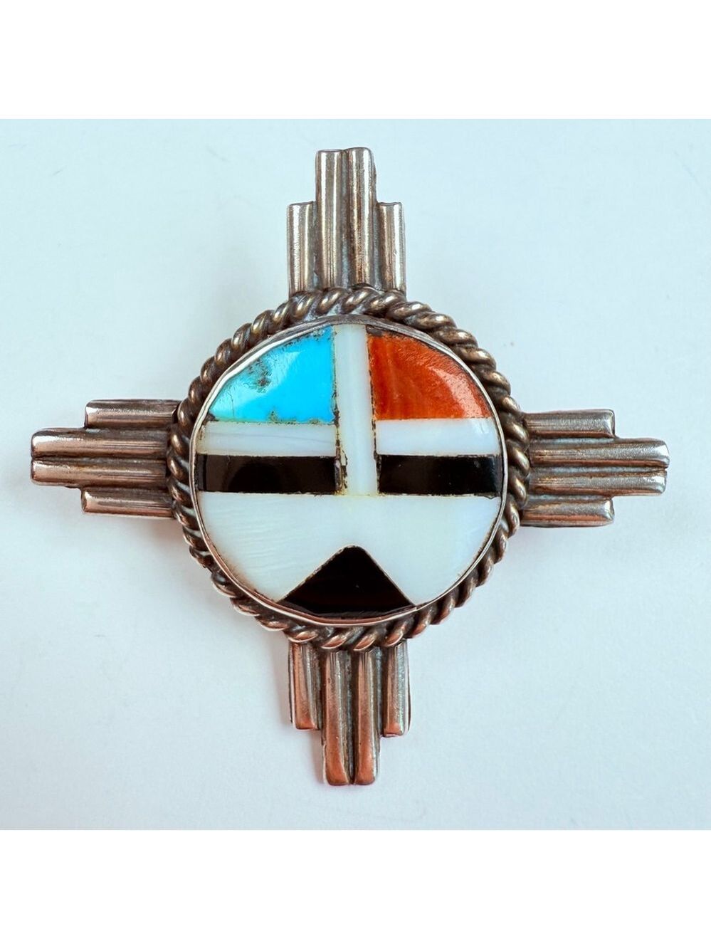 Native American Zuni Sunface Turquoise Coral Jet Sterling Silver VTG Pin Brooch - Picture 1 of 7